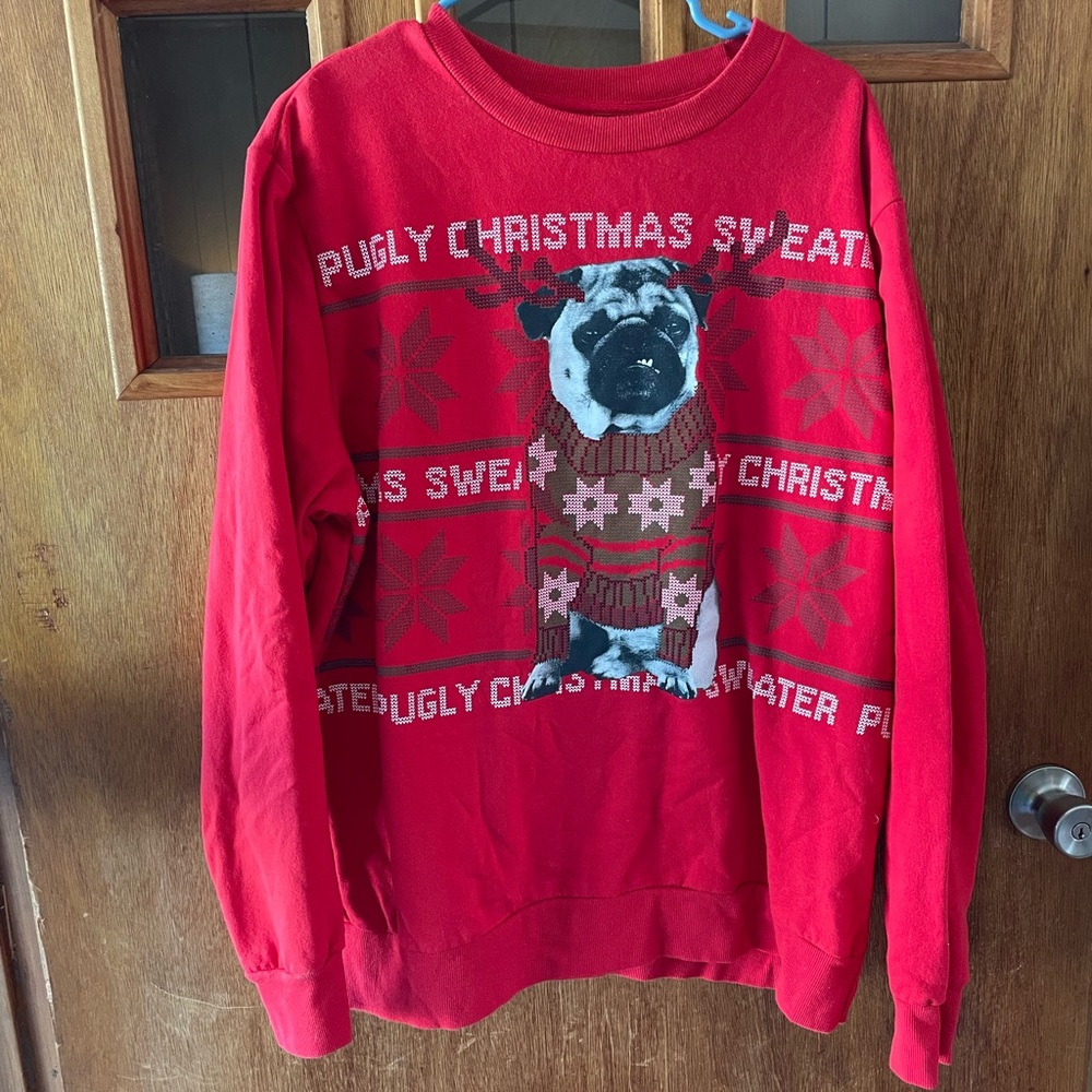 Mad Engine Ugly Pug Christmas Sweater Crewneck in Red Size XL